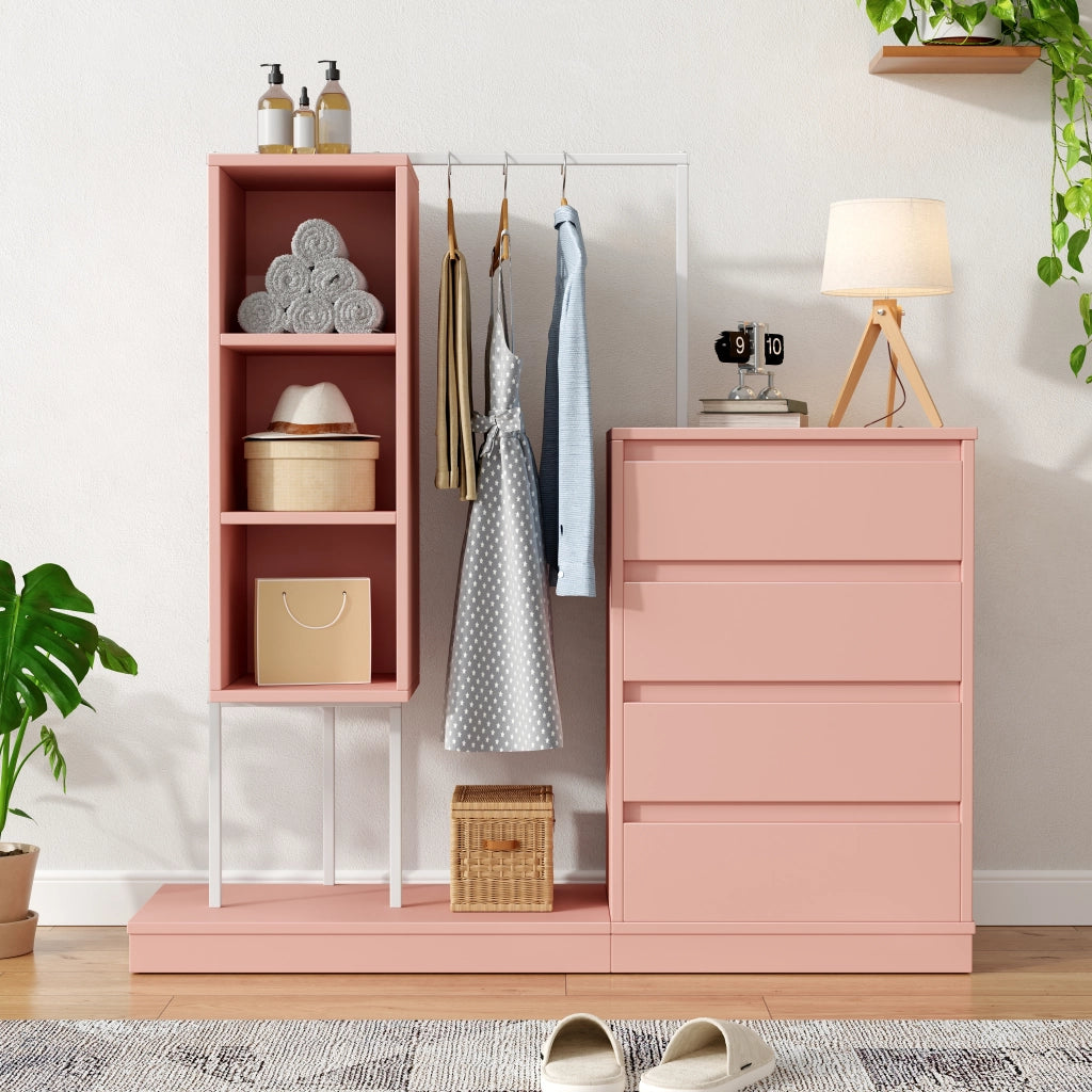 Armadio multifunzione con cassetti e barra appendiabiti, 140 x 40 x 135 cm, rosa e bianco