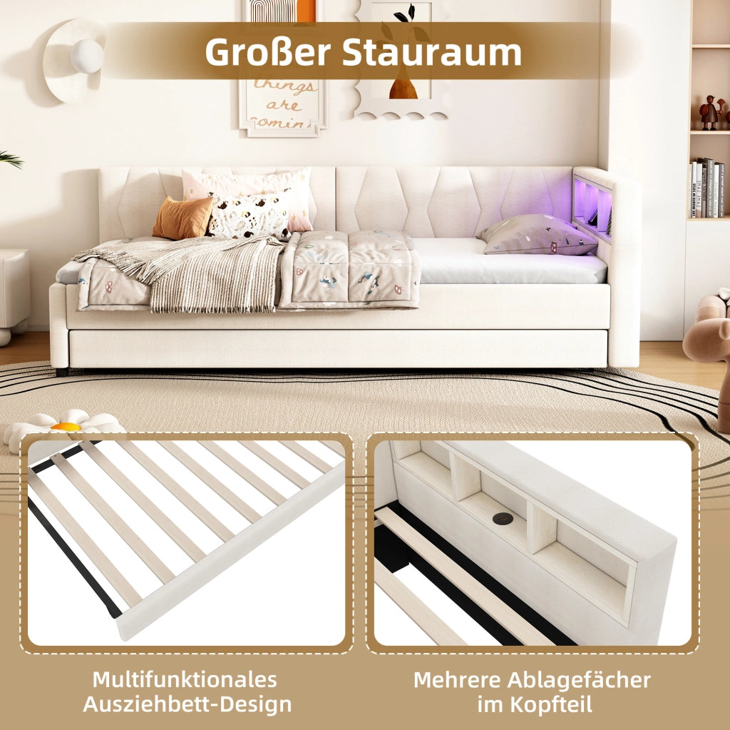 Letto estraibile 90x200 cm con LED, USB-C e vani beige