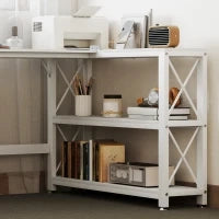 Scrivania ad angolo modulabile reversibile, scrivania con ripiani, ripiano di ripiani, telaio in metallo, 135x110x75cm, bianco