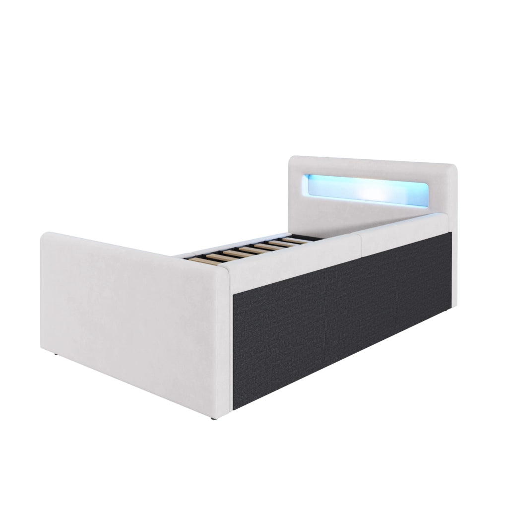 Letto imbottito per bambini 90x200 cm in velluto beige con LED; USB e contenitore idraulico