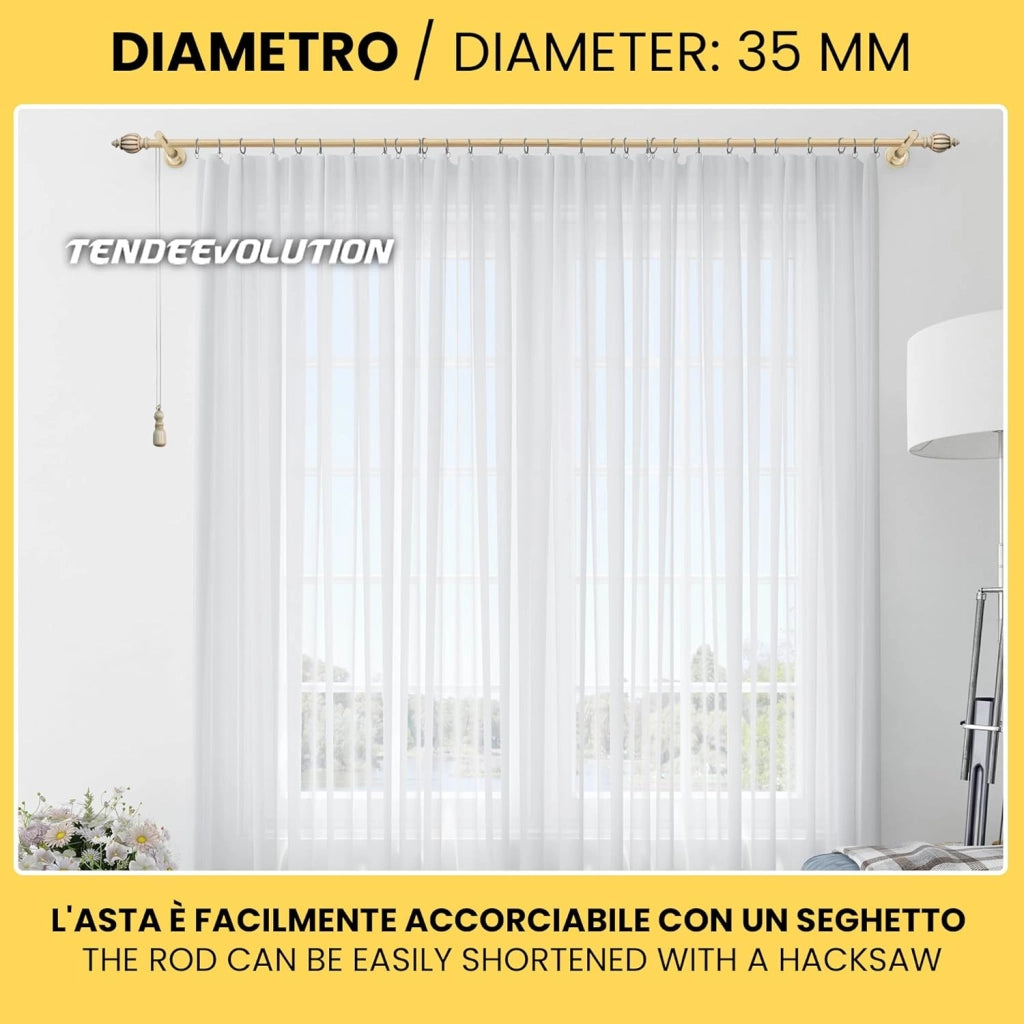 Bastone Tenda in Legno di Alta Qualità, diametro 35 mm a corda colore bronzo antico terminale old lunghezza 200 CM
