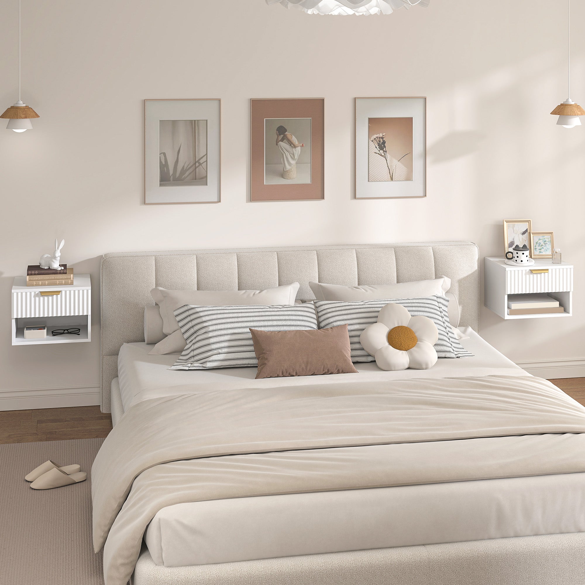 Set di 2 Comodini Sospesi 40x34x29 cm con Pannelli Scanalati Cassetto e Ripiano Bianco