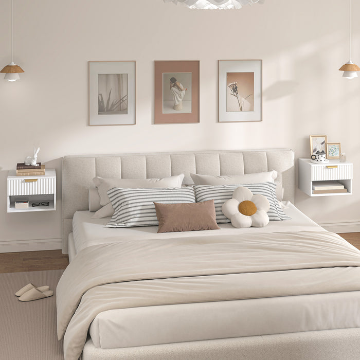 Set di 2 Comodini Sospesi 40x34x29 cm con Pannelli Scanalati Cassetto e Ripiano Bianco