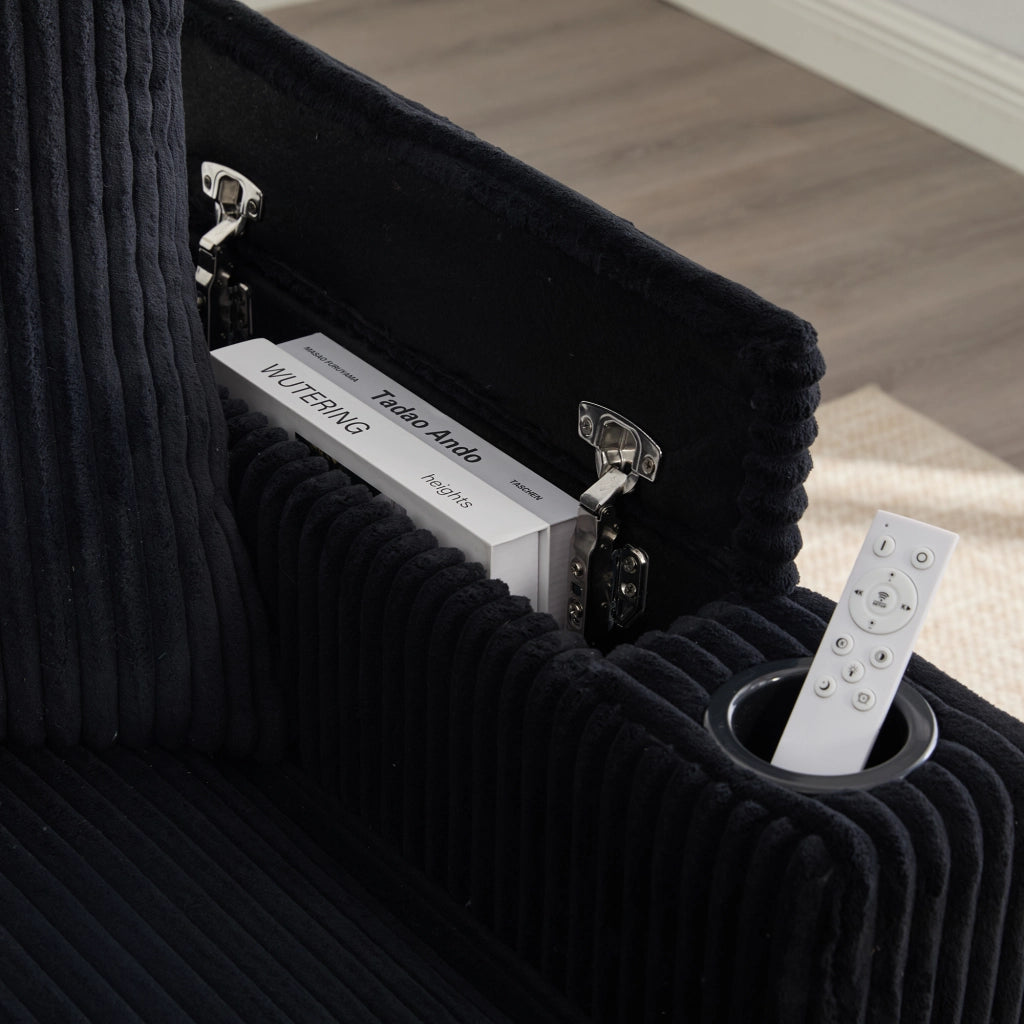 Chaiselongue multifunzione in velluto a coste con porta bicchieri, LED, USB e vano contenitore