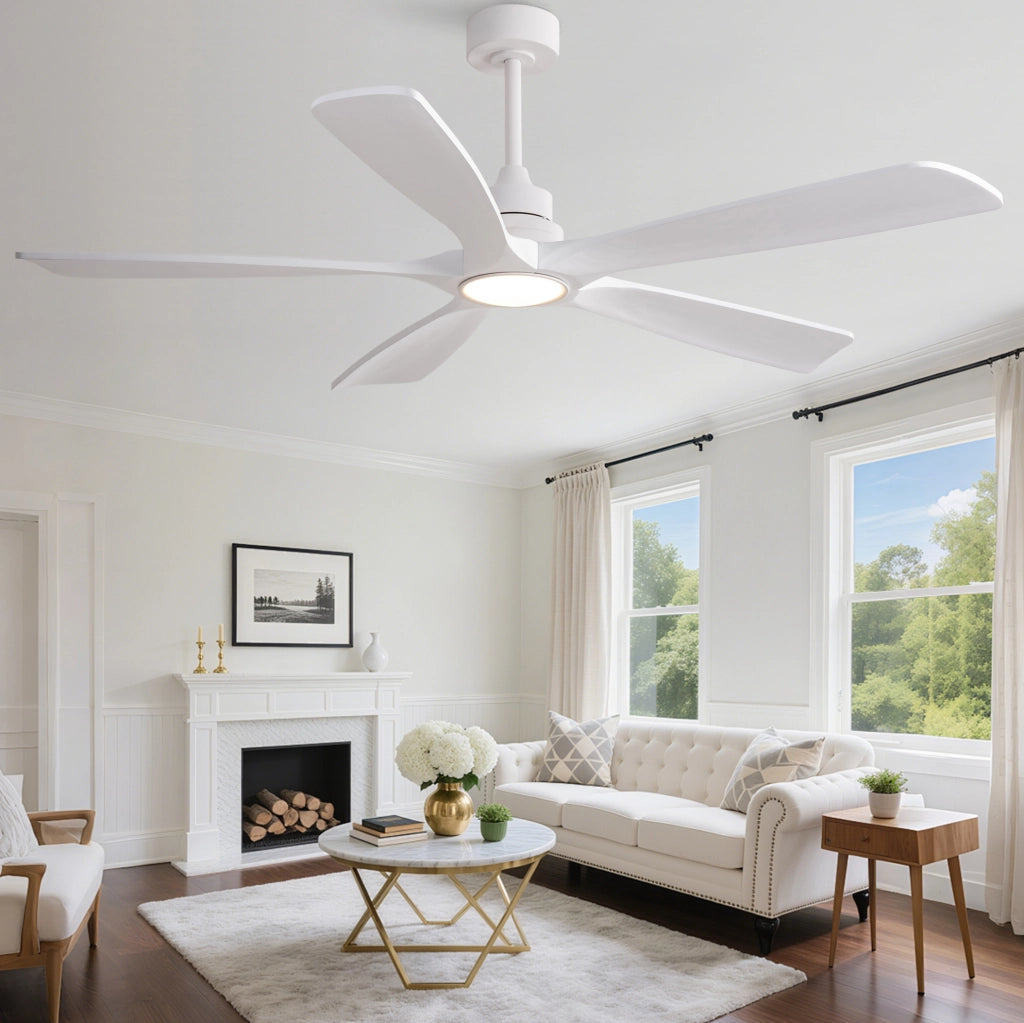 Ventilatore da soffitto da 60 pollici con luce LED e telecomando; 5 pale in legno; bianco