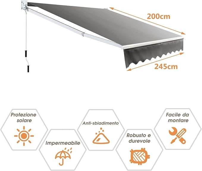 Tenda da Sole per Esterno Avvolgibile, Tenda da Sole a Bracci Estensibili con Telaio in Alluminio e Tettuccio Resistente al Sole e Impermeabile e Manovella (Grigio, 245 x 200 cm)