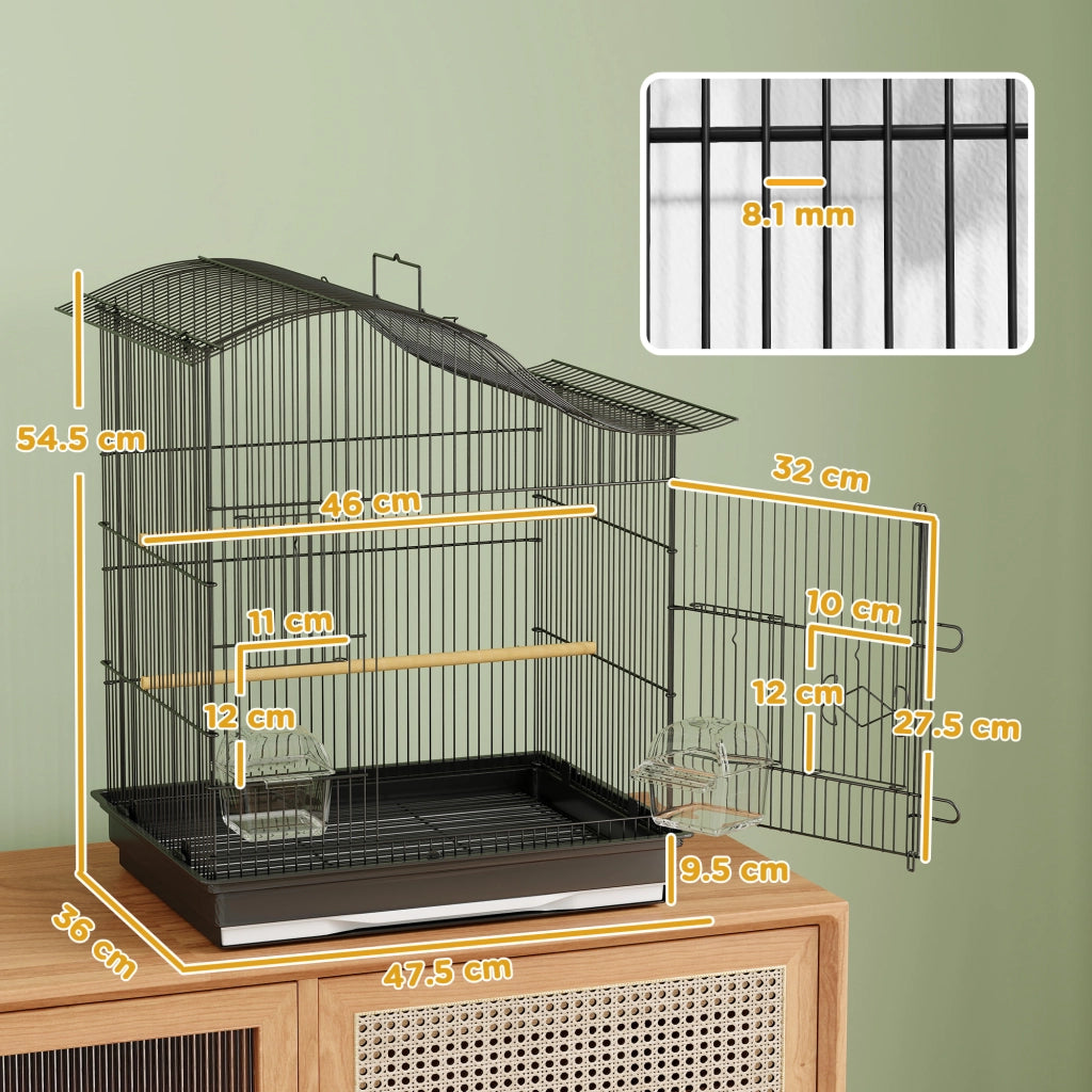 Gabbia per Uccelli a 4 Porte con 2 Ciotole, 2 Posatoi e Vassoio, in Metallo e Plastica, 47.5x36x54.5 cm, Nero