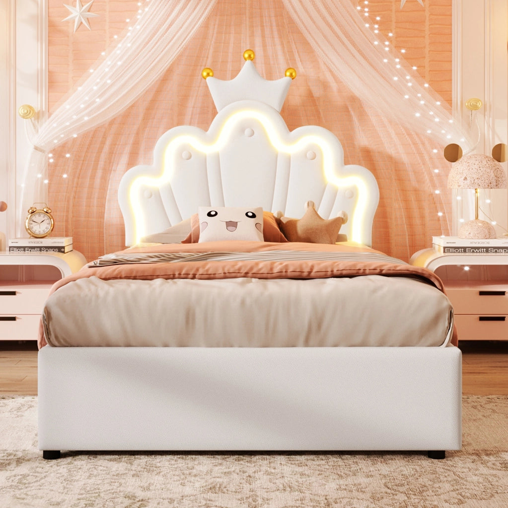 Letto imbottito 90x200 cm con contenitore; LED e testiera regolabile in PU