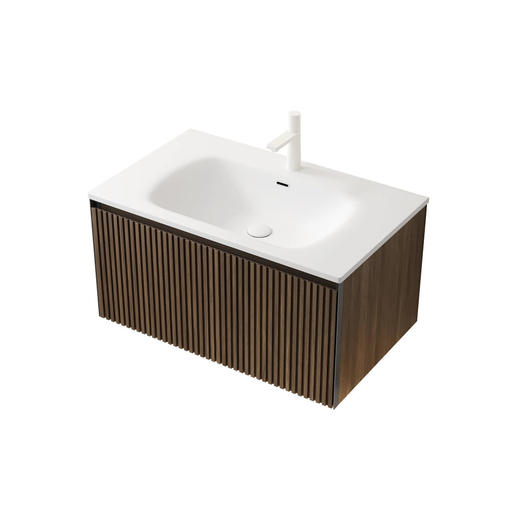 Mobile bagno sospeso con lavabo integrato e cassetto con chiusura ammortizzata per bagno; 80×46×41.8 cm; rovere marrone
