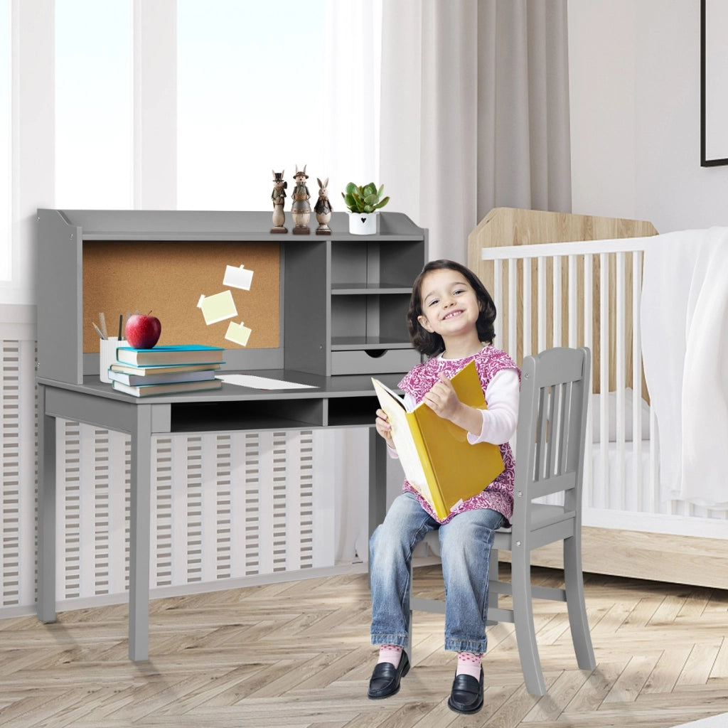 Scrivania per bambini con sedia mensola bacheca in sughero da letto, Set scrivania e sedia per bambini postazione di lavoro Grigio-Tavoli e sedie