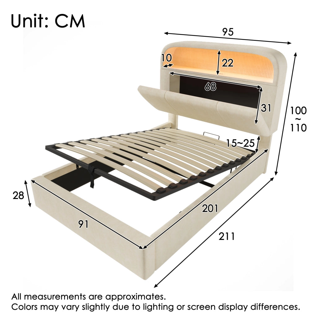 Letto singolo 90x200 cm con contenitore, LED e USB, beige