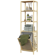 COLONNA BAGNO CON 3 RIPIANI IN LEGNO DI BAMBÙ E CESTO PORTABIANCHERIA IN TESSUTO, 44X33X160CM