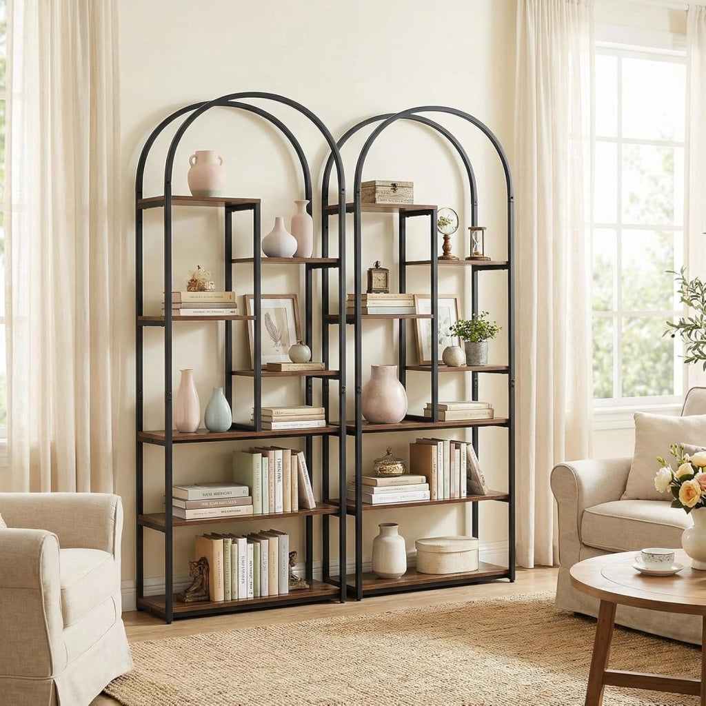 Libreria ad Arco, Libreria a 7 Ripiani Aperto con 2 kit Antiribaltamento e Piedini Regolabili, Scaffale Portaoggetti con Struttura in Legno, Espositore per Soggiorno Ufficio, 70x30x181,5 cm