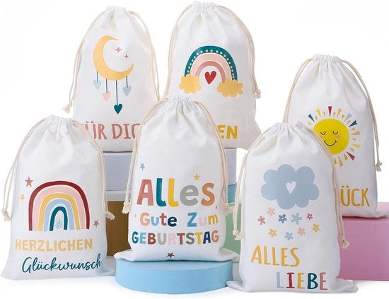 Set di 6 Borse in Tessuto - Borse in Cotone da 20 x 30 cm - Sacchetti di Regalo per Festa, Compleanno, Matrimonio, Battesimo, Festa di Benvenuto (6 Disegni)