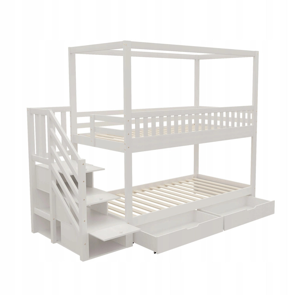 Letto a castello 90x200 - Xylo - Bianco con scala e cassetti