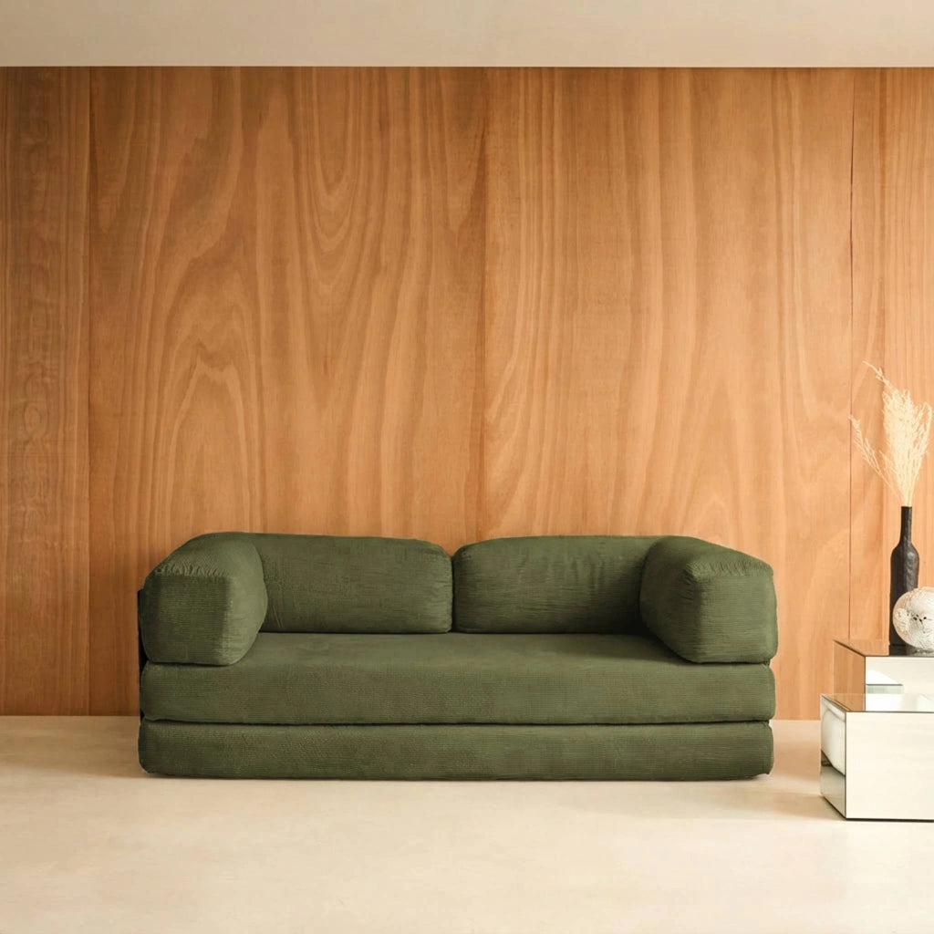 Divano letto futon in velluto a coste e struttura cromata, verde kaki