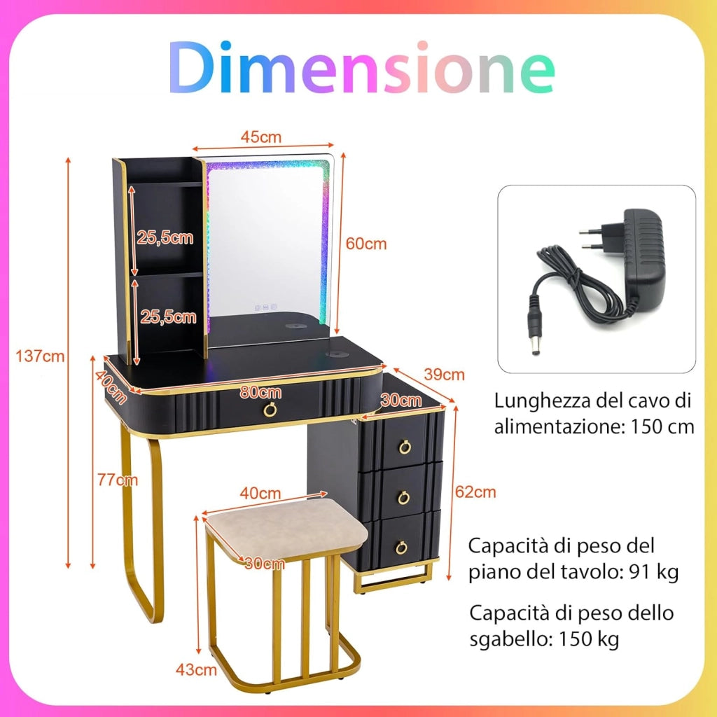 Toeletta da Trucco con Specchio e Luci, Tavolo da Trucco con Sgabello, Porta 7 Luci LED Dinamiche e 7 Luci Statiche Dimmerabili, Porte USB e 4 Cassetti, 80x40x137 cm