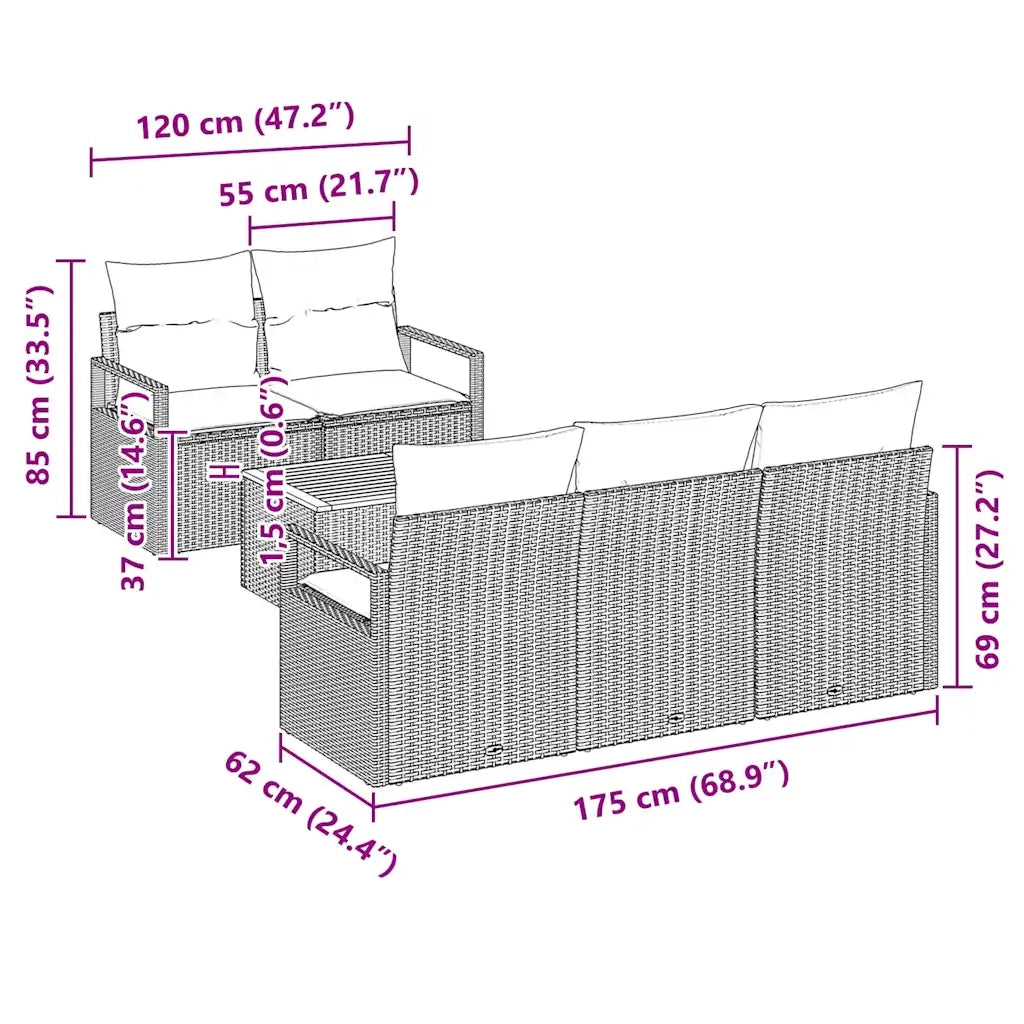 Set Divano da Giardino con cuscino 6 pcs Nero polyrattan 3347642