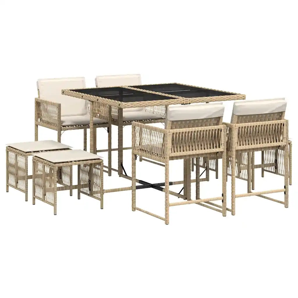 Set da Pranzo da Giardino 9 pz con Cuscini Beige in Polyrattan