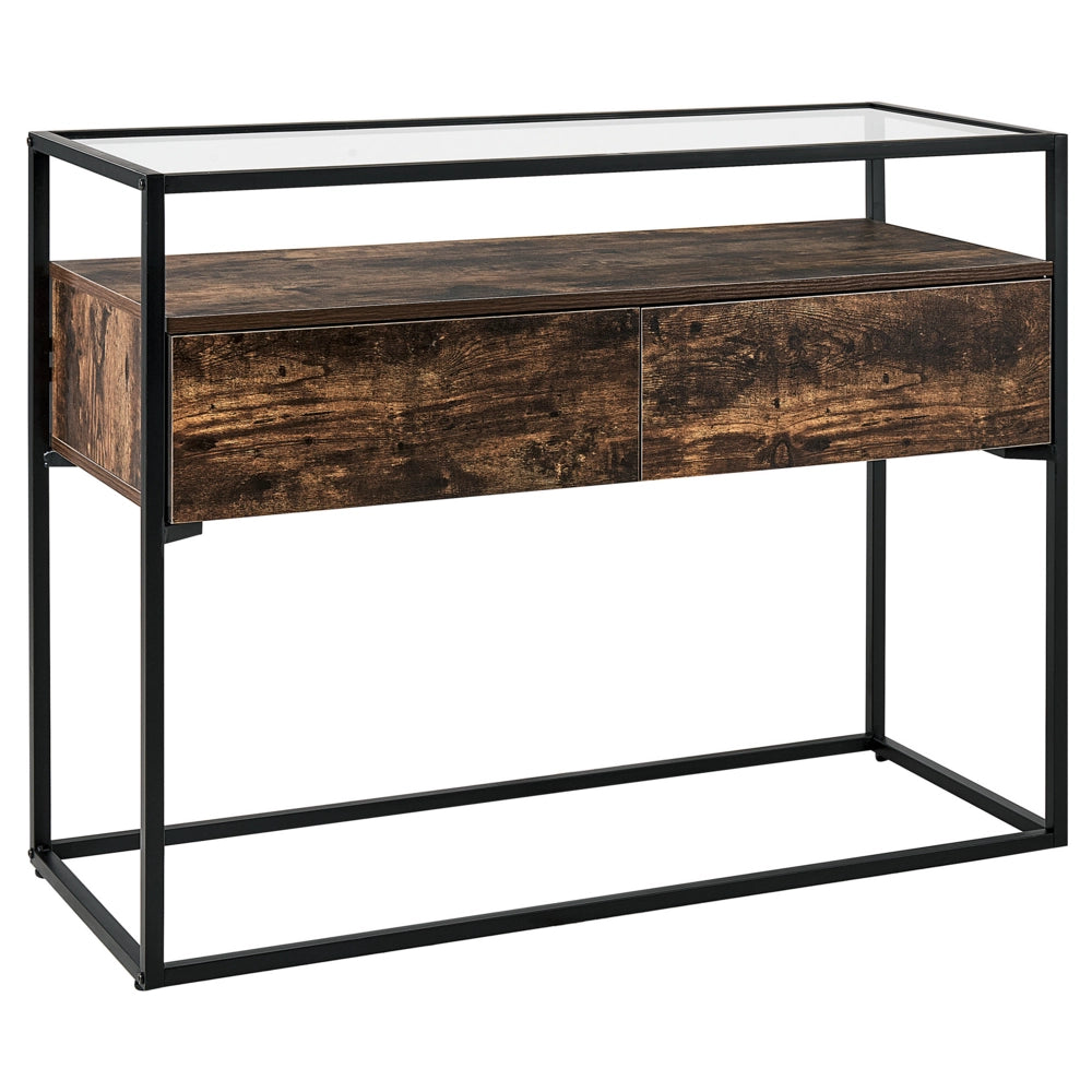 Tavolo consolle moderno piano in vetro struttura in metallo con 2 cassetti in legno scuro