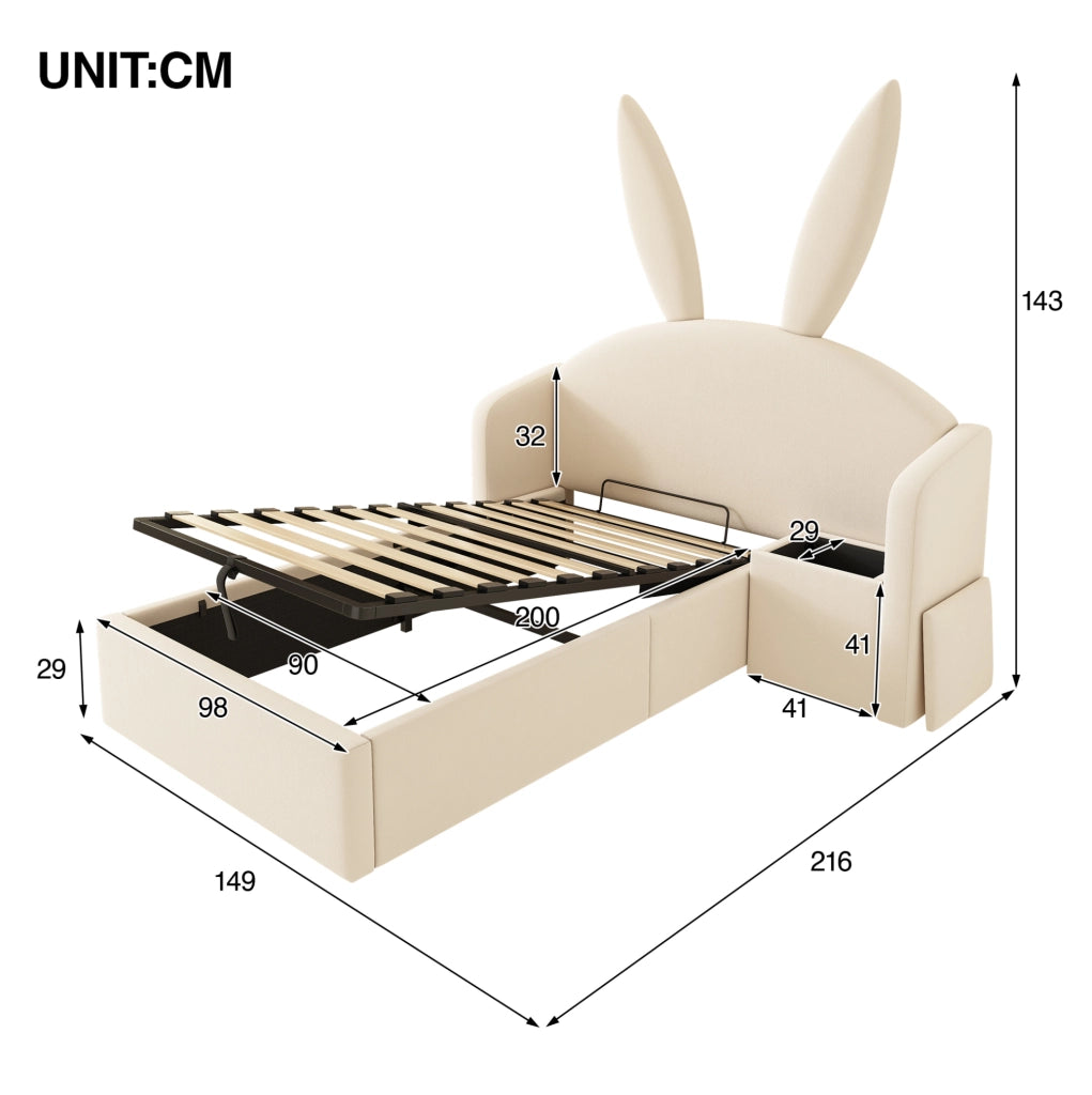 Letto junior 90x200 cm in velluto beige con contenitore; comodino integrato e design con orecchie