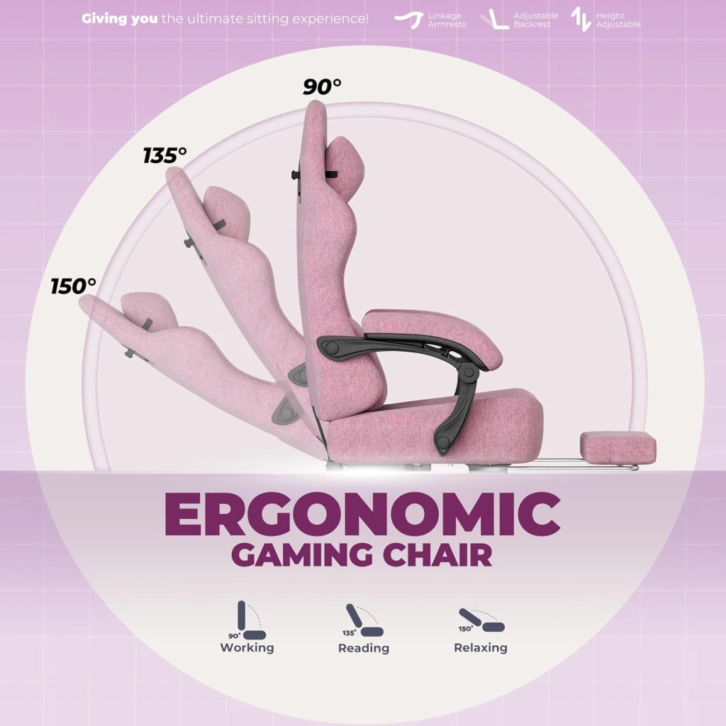 Sedia da gioco, traspirante, sedia da ufficio, ergonomica, in tessuto di alta qualità, ergonomica, schienale regolabile a 160°, poggiapiedi estraibile, carico 180 kg,rosa