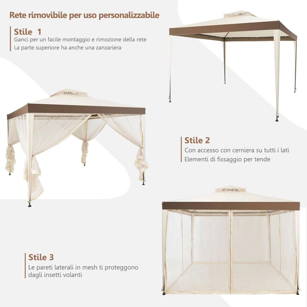 Gazebo da Giardino con Zanzariera 3 x 3 m, Struttura in Acciaio e 4 Tendine Poliestere Laterali (Beige)