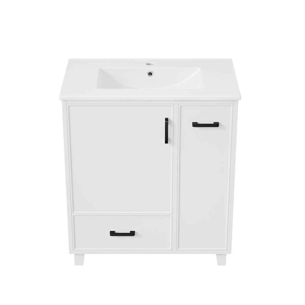 Mobile bagno con lavabo integrato in ceramica 76,5x47x82 cm bianco, 2 cassetti e anta con ripiani interni
