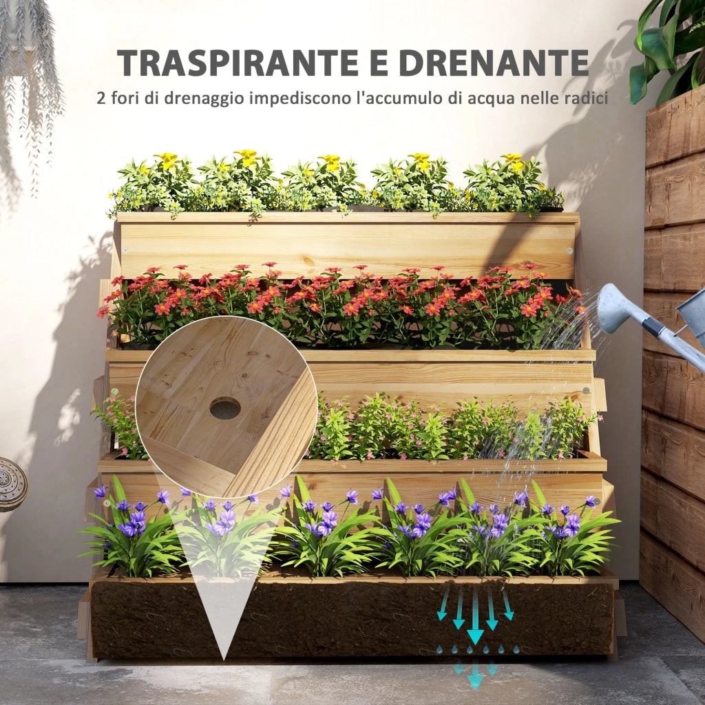 Fioriera Rialzata a 4 Livelli 75x57x60,5 cm con Fori di Drenaggio e Tessuto non Tessuto in Legno di Abete