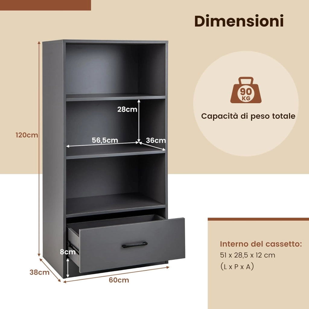 Libreria in Legno con Cassetto, Scaffale di Stoccaggio a 4 Livelli, Scaffale Espositivo per Casa Studio e Soggiorno, 60 x 38 x 120 cm (Grigio)