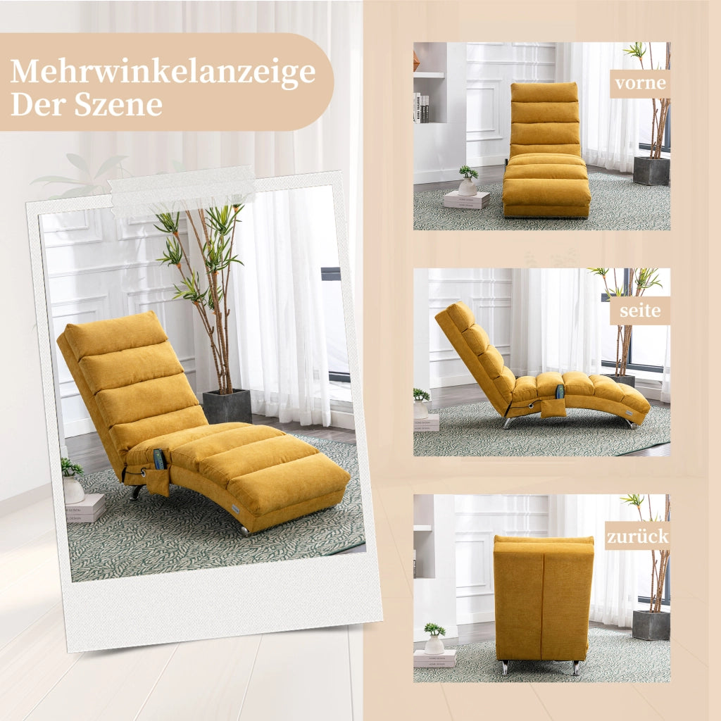 Chaise Longue Massaggiante 140° con Vibrazione Delicata e Tasca Laterale; Comfort Ergonomico in Lino Giallo Senape