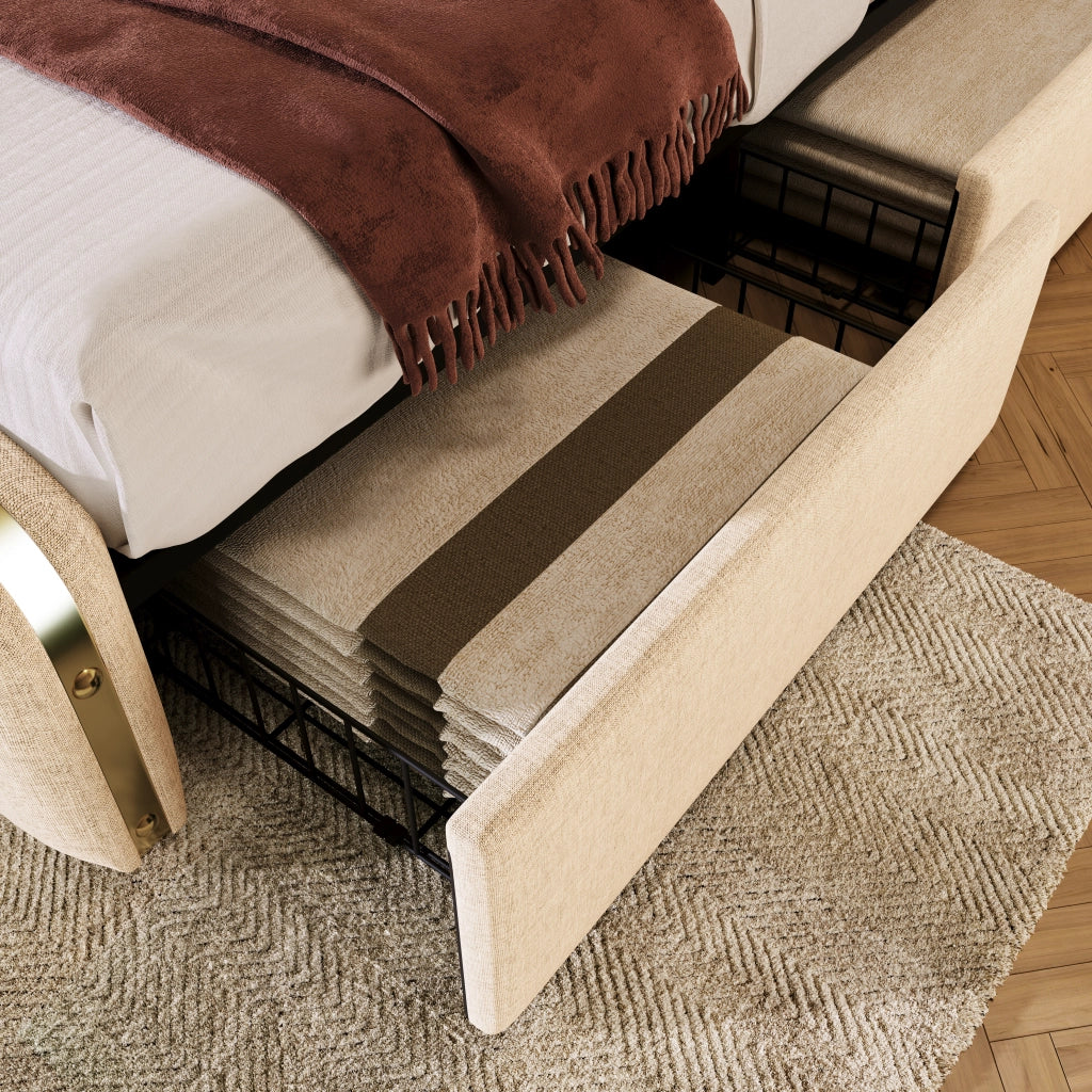 Letto Contenitore Singolo con USB; USB-C e Testiera Imbottita 90×200 cm; senza Materasso; Beige