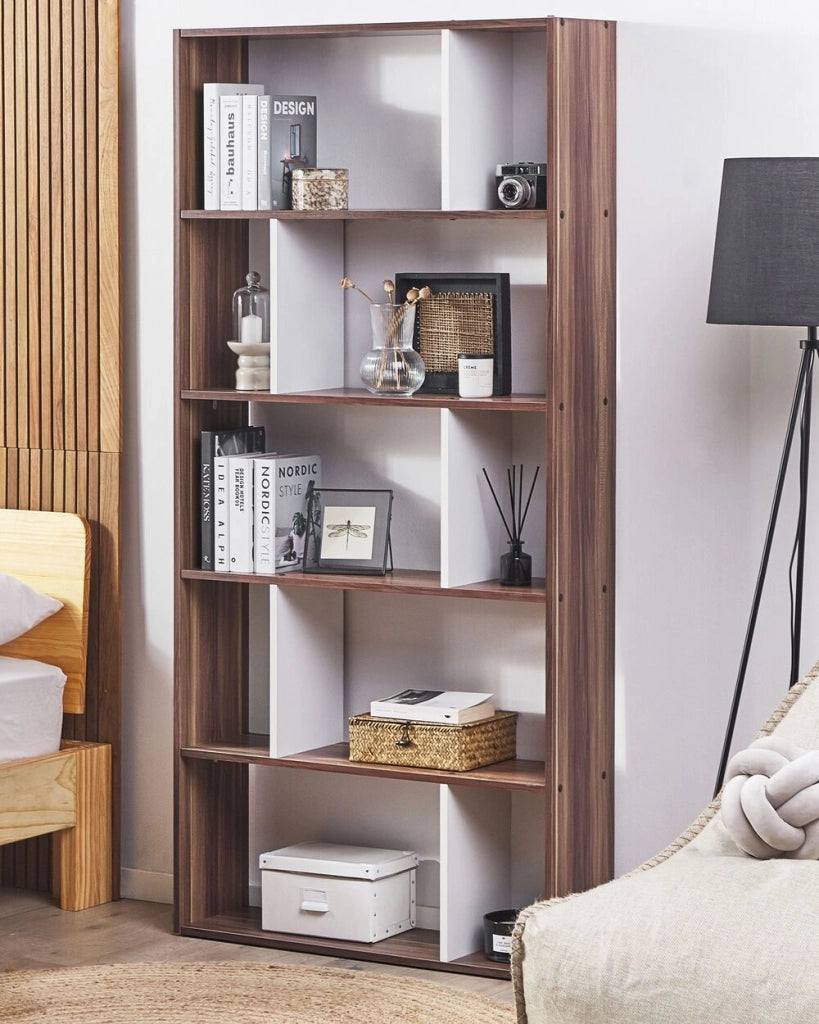 Libreria Legno Scuro e Bianco 174 x 83 cm Scaffali Grandi e Piccoli Scandinavi