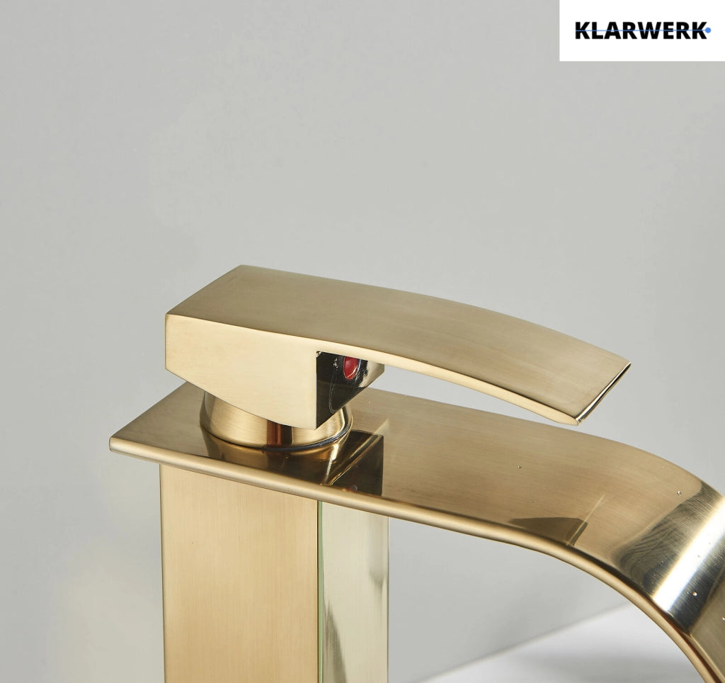 ROSA | Rubinetto da bagno premium a cascata alta oro | Miscelatore Hotel Gastro Premium per lavabo freestanding - in acciaio inox con bocca alta