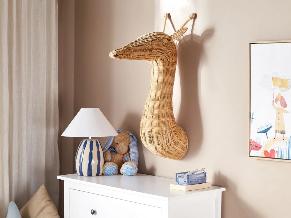 Decorazione da parete per bambini a forma di testa di giraffa in rattan chiaro fatto a mano boho rattan accessorio stile industriale moderno