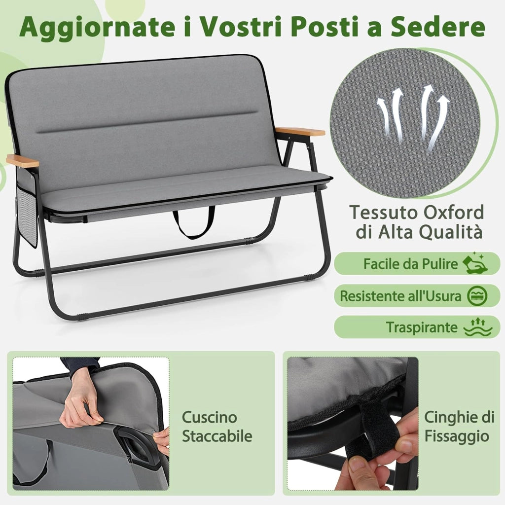 Sedia da Campeggio Pieghevole a 2 Posti, Panca da Campeggio con Cuscino Rimovibile, Tasca Laterale, Braccioli, Sedia da Giardino Portatile a Carico Pesante per Esterni, Portata 300 kg