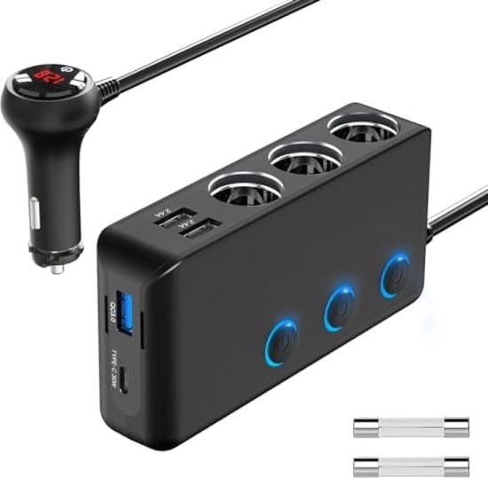 Caricatore di Auto 200W con Adattatore USB-C & QC 3.0 DC 12V/24V con 3 Prese e 4 Porte USB con Voltmetro a LED per Telefono, GPS, DashCam e Navi