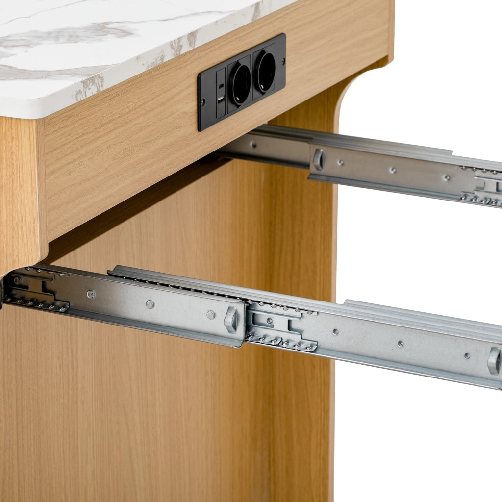 Tavolo da pranzo allungabile con 2 cassetti e vani; prese integrate - per cucina - 55×80×93 cm - naturale