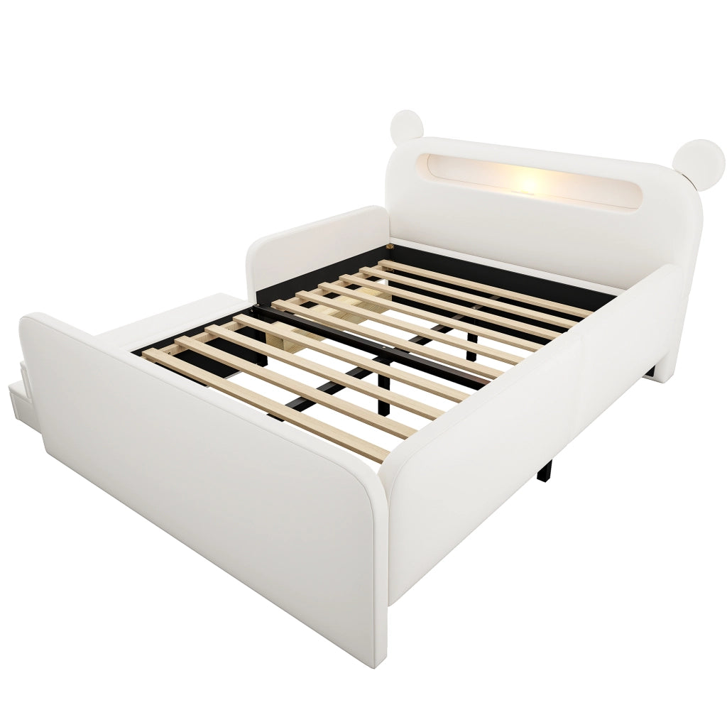 Letto imbottito per bambini 140 x 200 cm con testiera a forma di orso; luce e contenitore; bianco