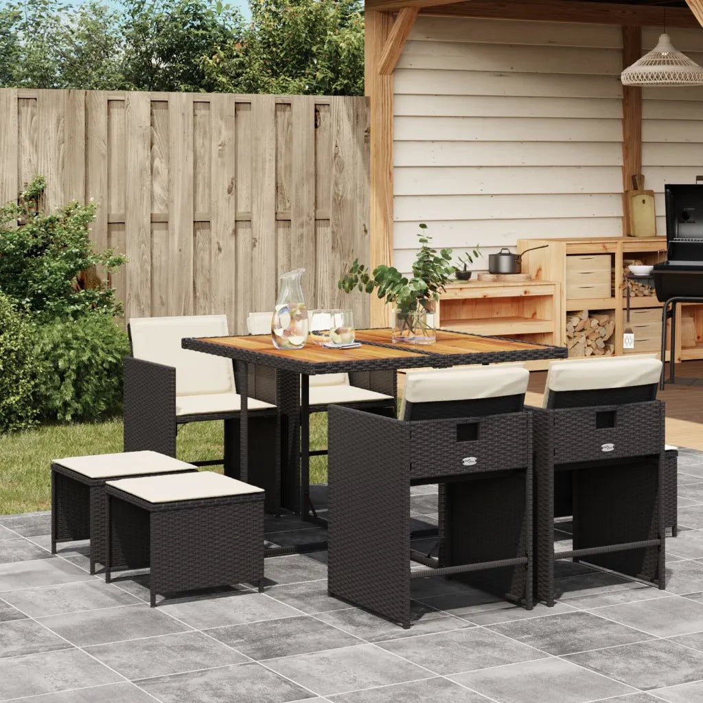 Set da Pranzo da Giardino 9 pz | Set Salotto da Giardino con Cuscini Nero in Polyrattan