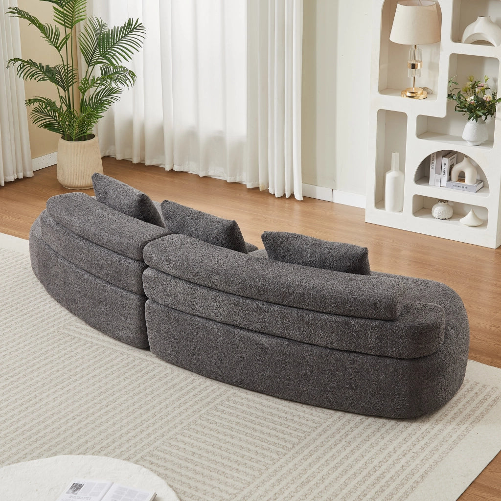 Divano modulare curvo a 3 posti in ciniglia grigio antracite; design arrotondato senza braccioli