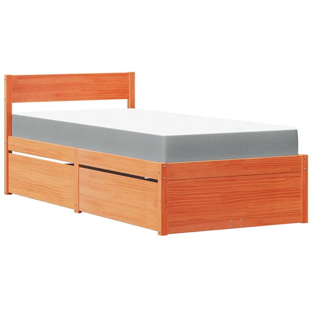 Letto Cassetti e Materasso-Struttura Letto con contenitore Marrone Cera 90x190cm Massello Pino