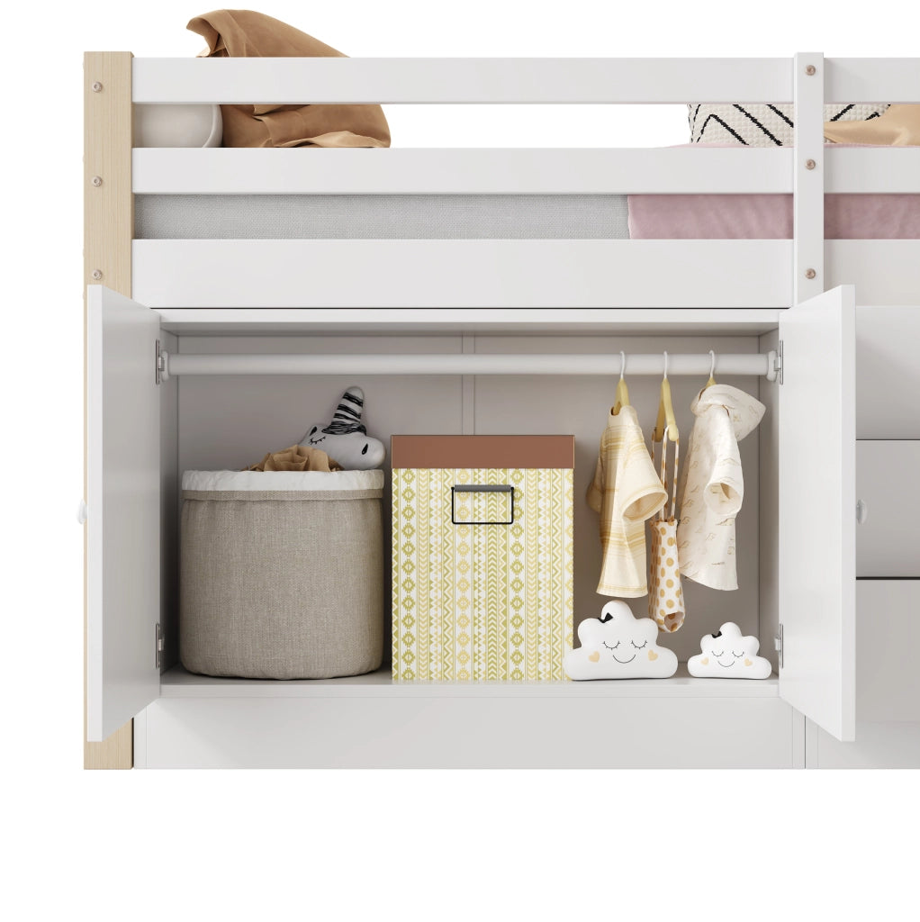 Letto a soppalco per bambini 90x200 cm bianco in MDF con scale; cassetti e armadi