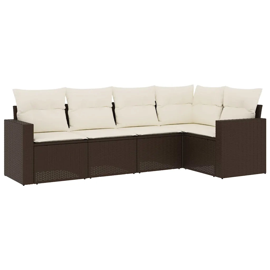 Set Divano da Giardino 5 pz | Set Salotto da Giardino con Cuscini Marrone in Polyrattan