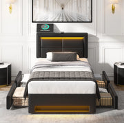 Letto imbottito 90x190 cm con USB; luce LED e 4 cassetti; in PU nero