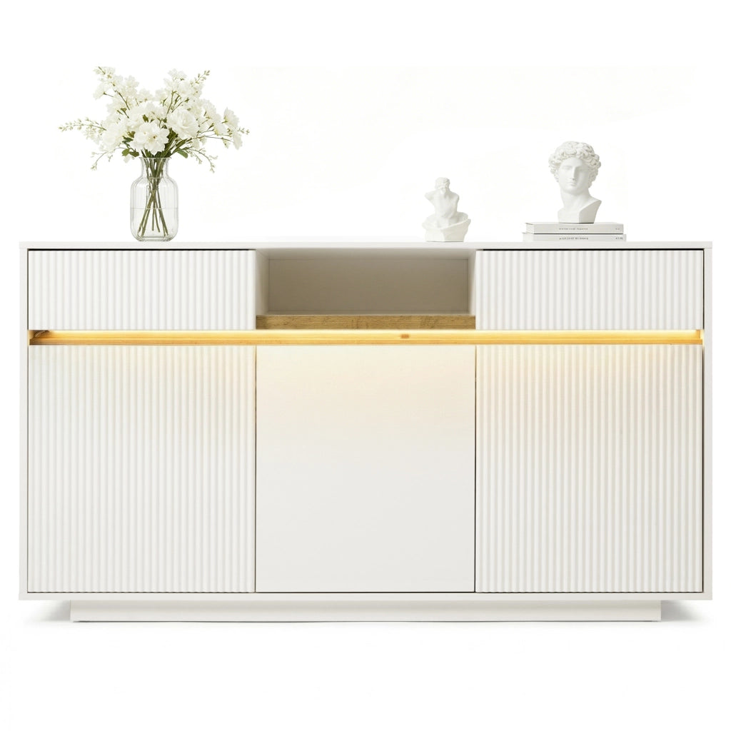 Credenza con 2 cassetti; 3 ante e LED - per soggiorno - in MDF - 140×40×85 cm - bianco