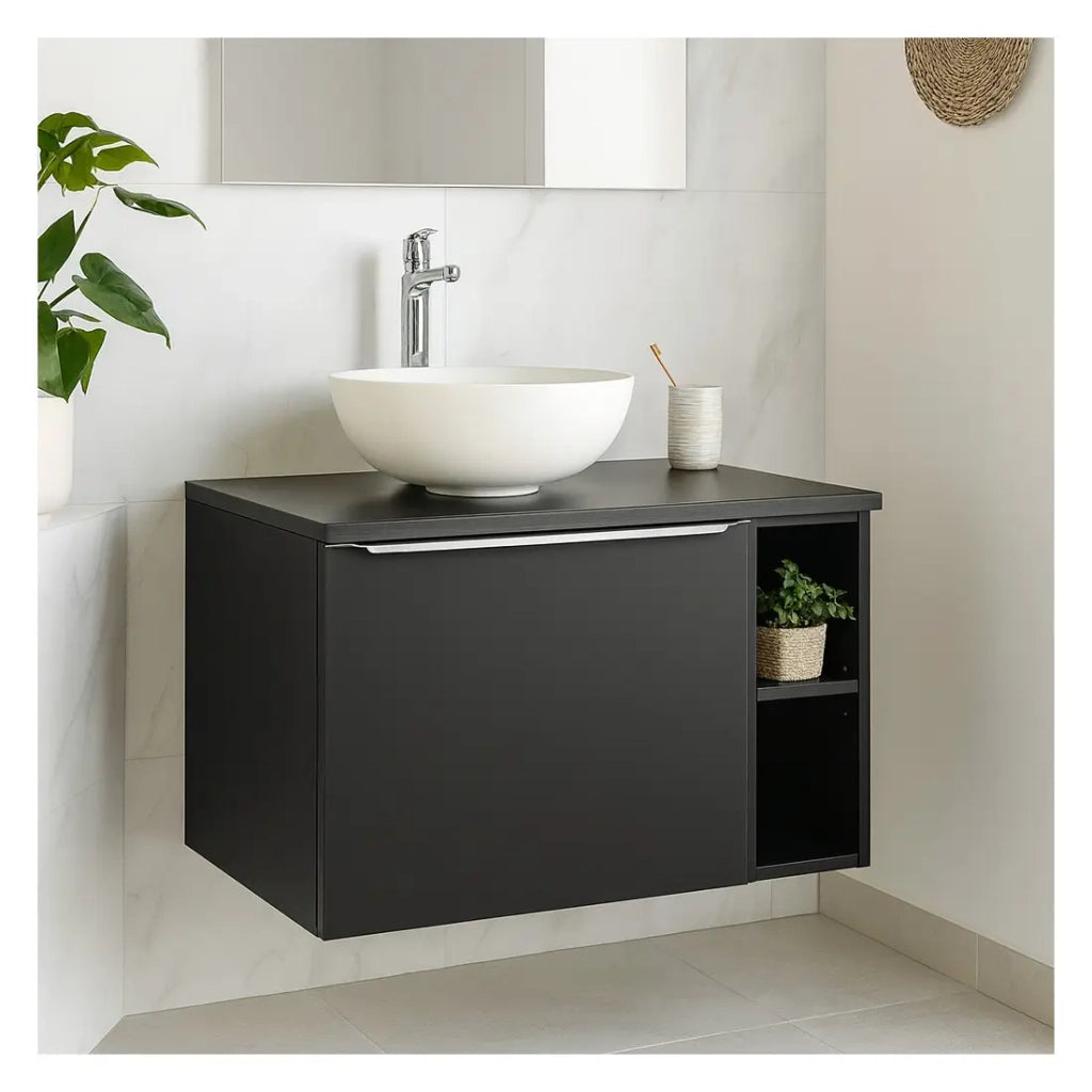 Set bagno VANTA: mobile sottolavabo 80cm + piano per lavabo + 1 lavabo bianco da appoggio