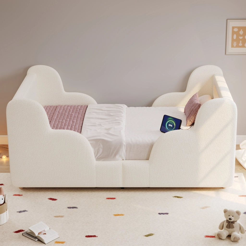 Letto singolo 90x200 cm in bouclé beige con sponde imbottite; luce notturna e porte USB/Type-C