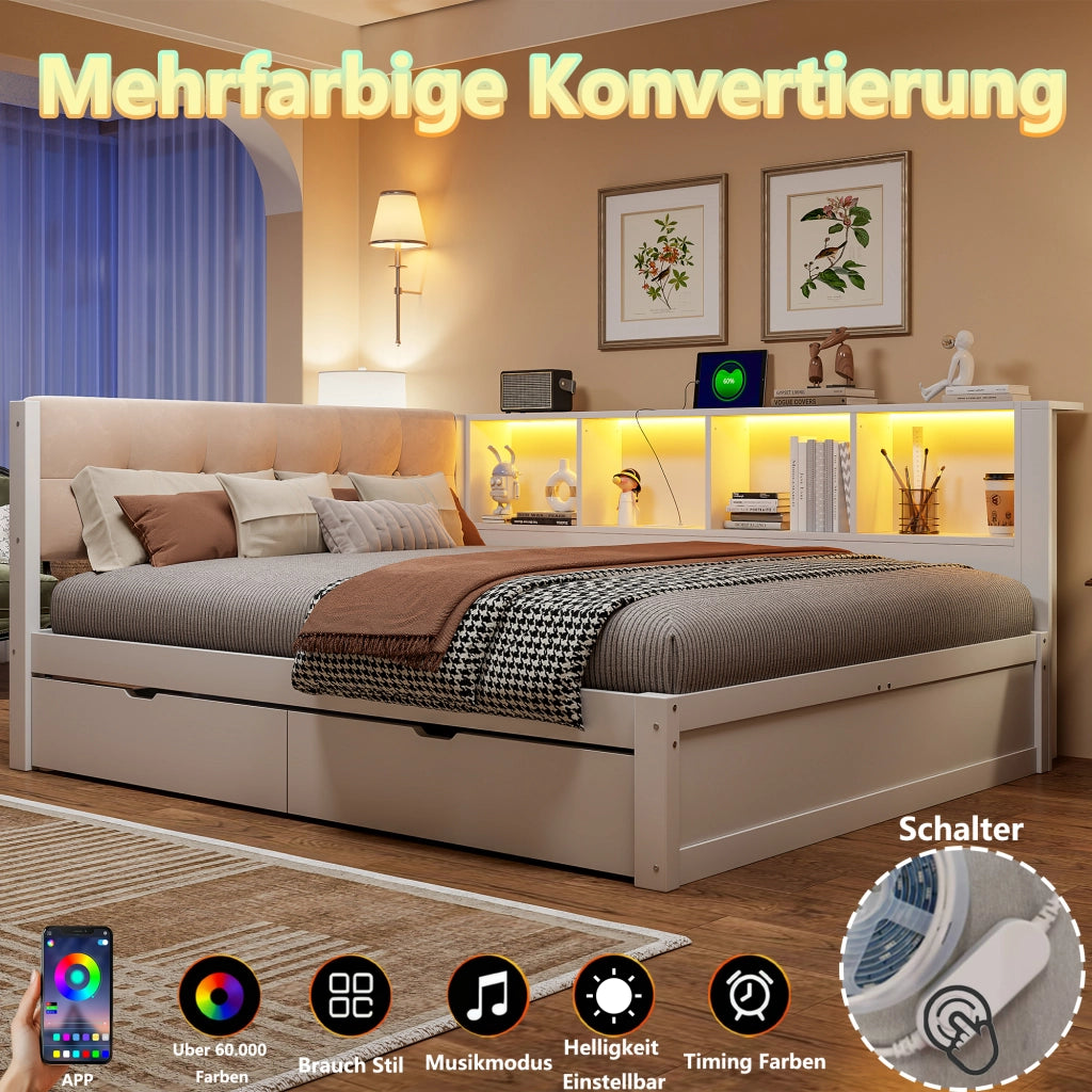LETTO 140x200 cm con cassetti, ripiano, USB e LED, Legno di pino/MDF Bianco