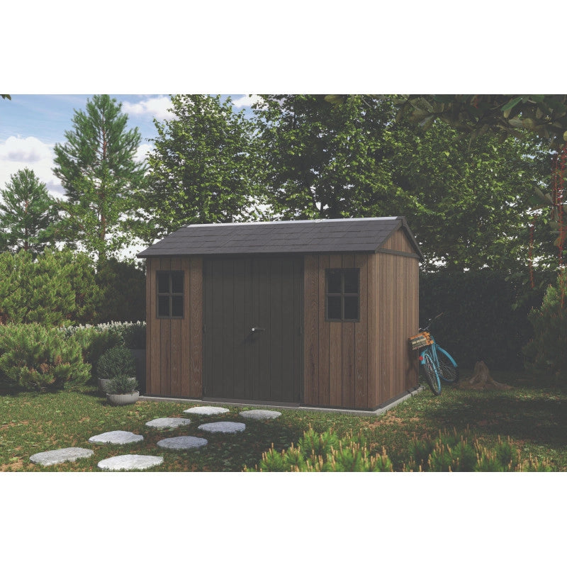 Casetta da giardino in resina effetto legno EVOTECH+ 350x230 cm - pavimento e doppia porta - carico neve 150 kg/m² – Apex 7511/1175 Signature Walnut - Keter